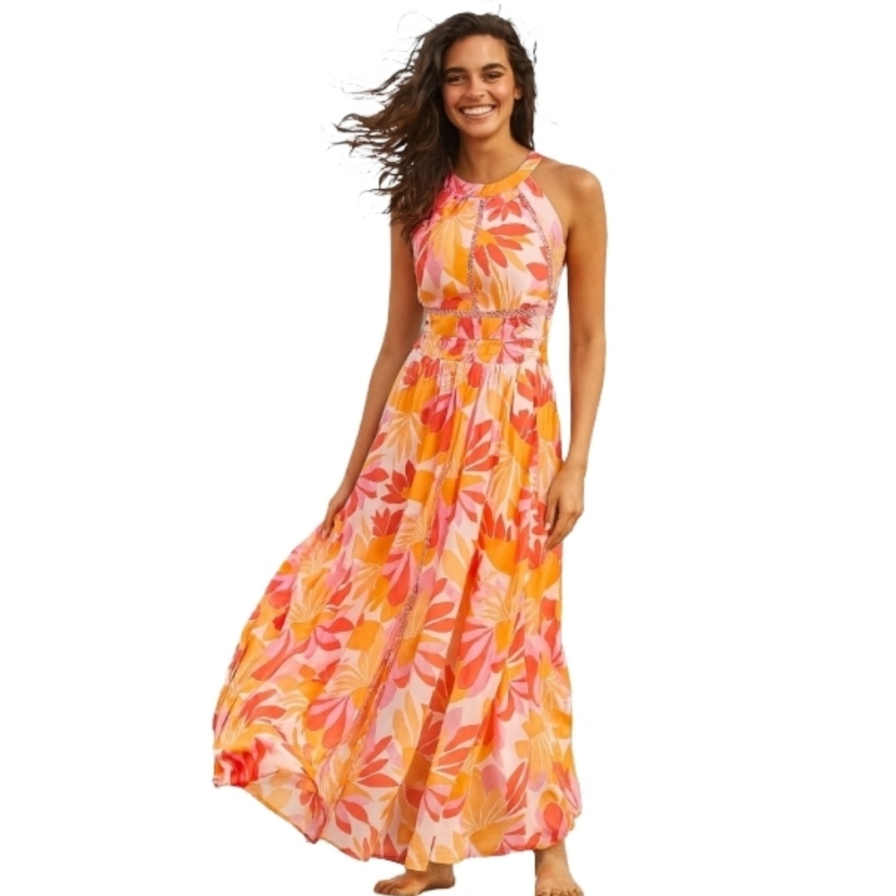 Abel The Label Orange Floral Maxi Open Back Summer Halter Dress Women's Small